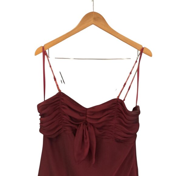 Eva Blue Burgundy Asymmetrical Slip Dress | Ruched Tie Bust Satin Midi Dress | R - Picture 5 of 10